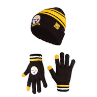 Ultra Game NFL Pittsburgh Steelers Youth Super Soft Team Stripe Winter Beanie Knit Hat with Extra Warm Touch Screen Gloves|Pittsburgh Steelers