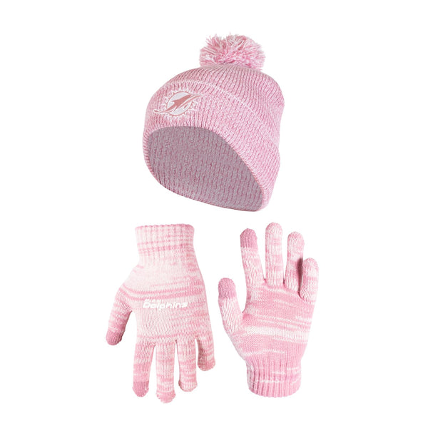 Ultra Game NFL Miami Dolphins Womens Super Soft Pink Marl Winter Beanie Knit Hat with Extra Warm Touch Screen Gloves|Miami Dolphins