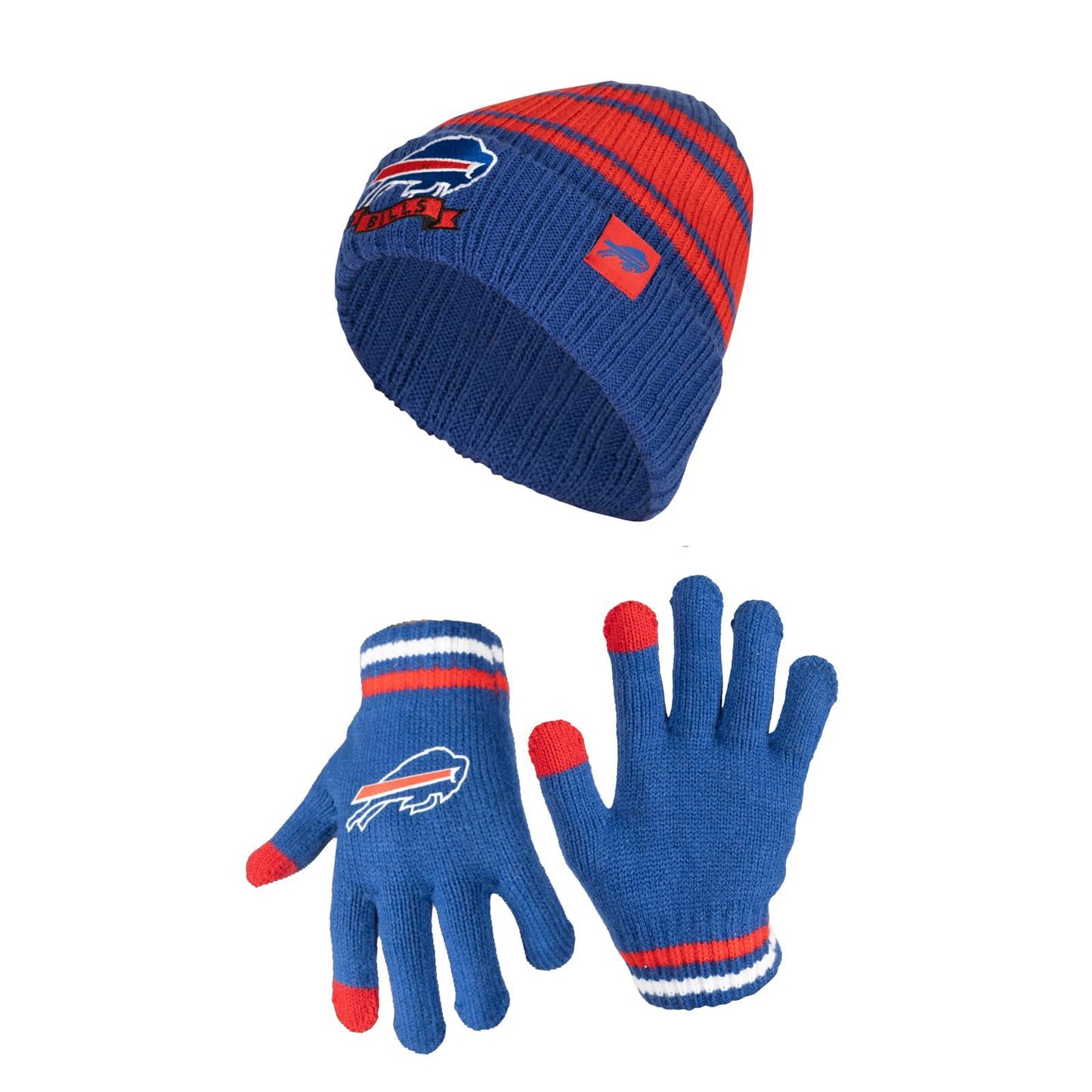 Ultra Game NFL Buffalo Bills Youth Super Soft Team Stripe Winter Beanie Knit Hat with Extra Warm Touch Screen Gloves|Buffalo Bills - UltraGameShop