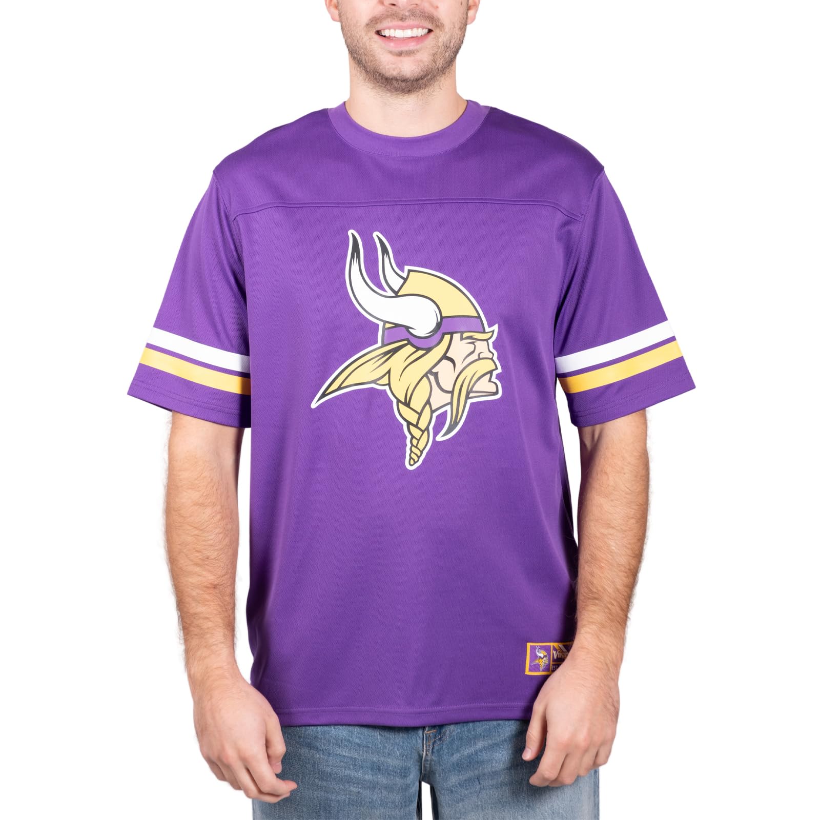Ultra Game NFL Minnesota Vikings Mens Standard Jersey Crew Neck Mesh Stripe T-Shirt|Minnesota Vikings