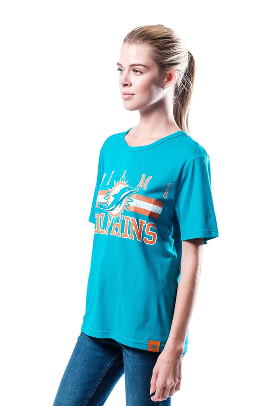 Ultra Game NFL Miami Dolphins Womens Distressed Graphics Soft Crew Neck Tee Shirt|Miami Dolphins - UltraGameShop