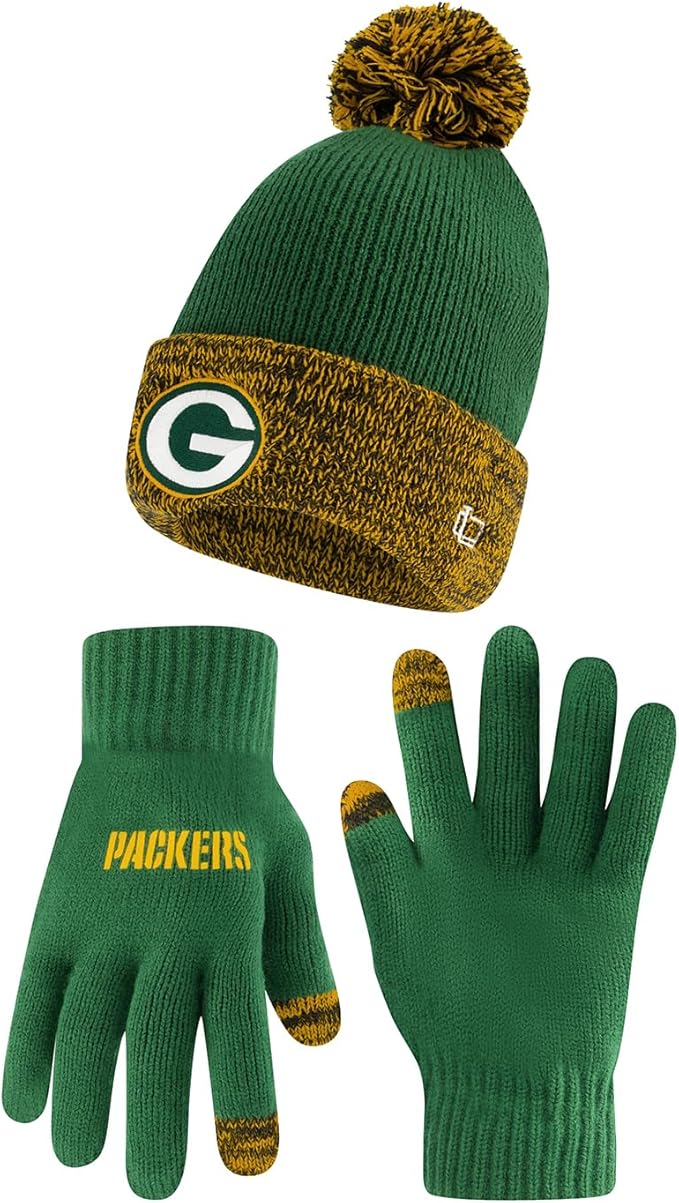 NFL Official Youth Super Soft Two Tone Winter Beanie Knit Hat with Extra Warm Touch Screen Gloves|Green Bay Packers