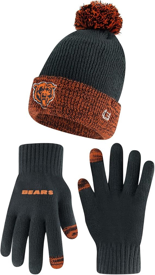 Ultra Game NFL Official Adults Super Soft Two Tone Winter Beanie Knit Hat with Extra Warm Touch Screen Gloves, Chicago Bears, Team Color, One Size|Chicago Bears