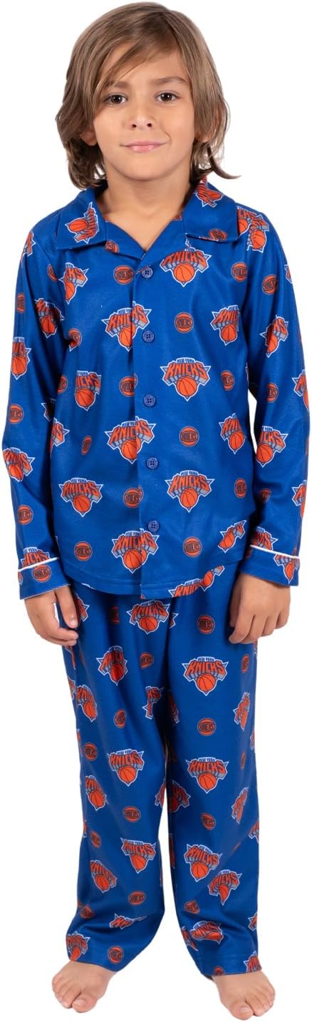 Ultra Game NBA Official Youth 2-Piece Super Soft Button Down Pajamas Set, New York Knicks, Boys Sizes|New York Knicks