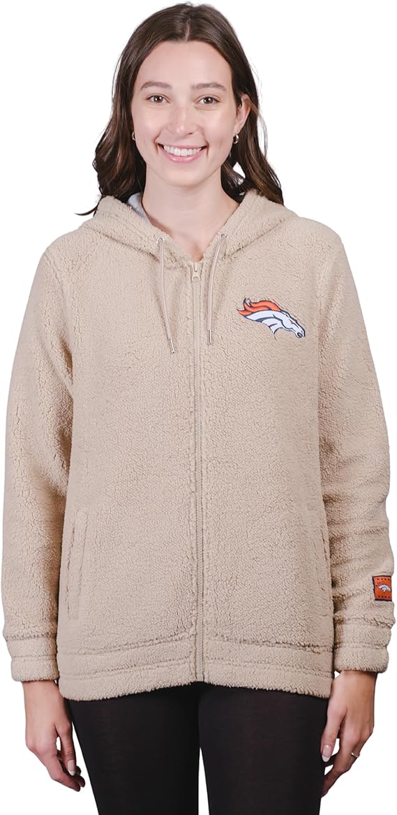 Ultra Game NFL Official Women's Super Soft Sherpa Full Zip Hoodie Sweatshirt Jacket, Denver Broncos, Sand|Denver Broncos