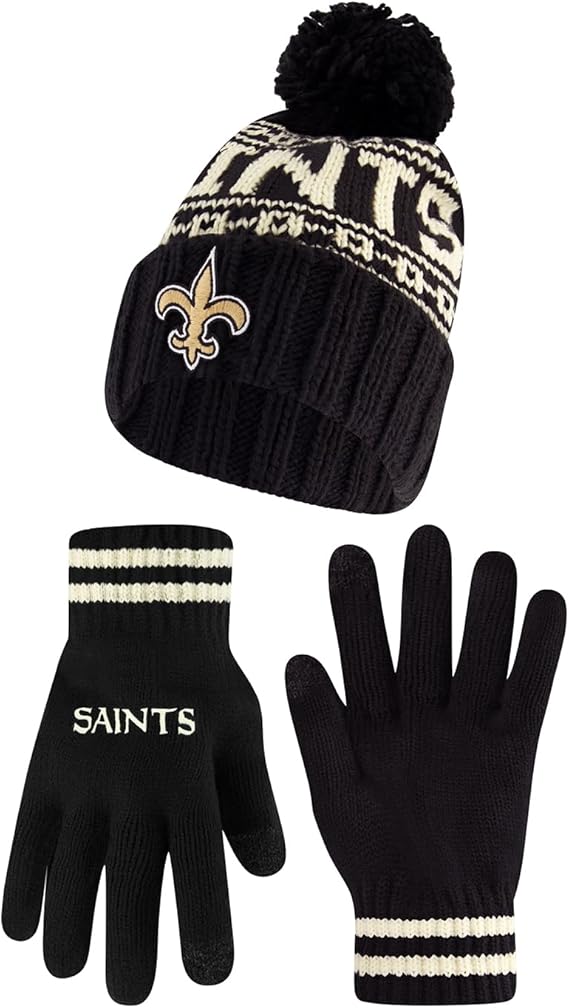 Ultra Game NFL Official Adults Super Soft Cable Knit Winter Beanie Knit Hat with Extra Warm Touch Screen Gloves, New Orleans Saints, Black, One Size|New Orleans Saints