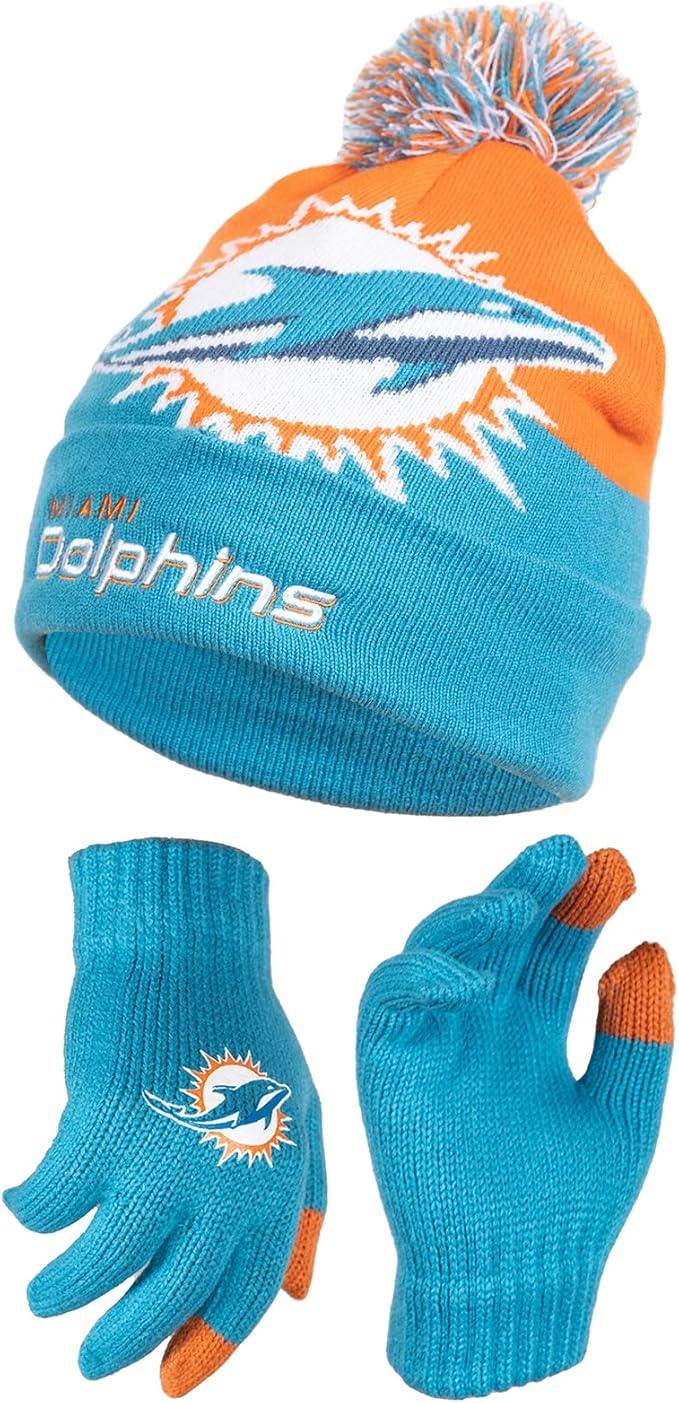 NFL Official Youth Super Soft Winter Beanie Knit Hat With Extra Warm Touch Screen Gloves|Miami Dolphins