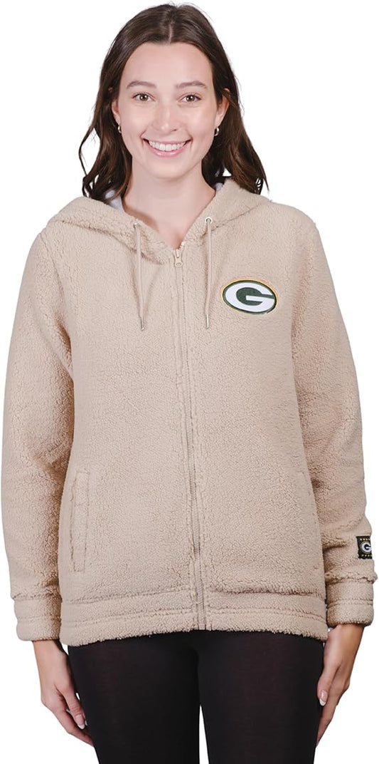 Ultra Game NFL Official Women's Super Soft Sherpa Full Zip Hoodie Sweatshirt Jacket, Green Bay Packers, Sand|Green Bay Packers