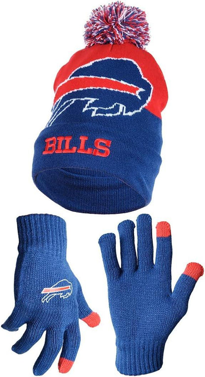 NFL Official Adults Unisex Super Soft Winter Beanie Knit Hat With Extra Warm Touch Screen Gloves|Buffalo Bills