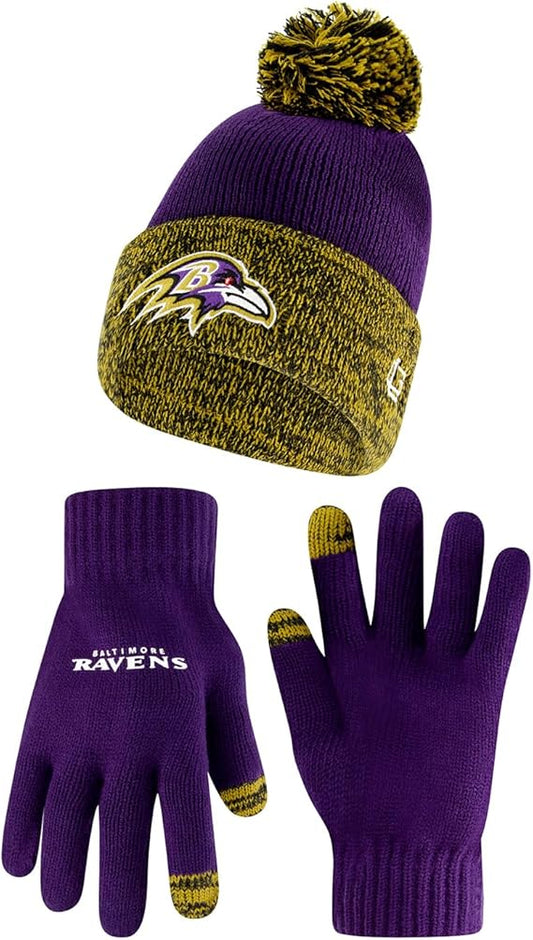 Ultra Game NFL Official Youth Super Soft Two Tone Winter Beanie Knit Hat with Extra Warm Touch Screen Gloves, Baltimore Ravens, Team Color, One Size|Baltimore Ravens