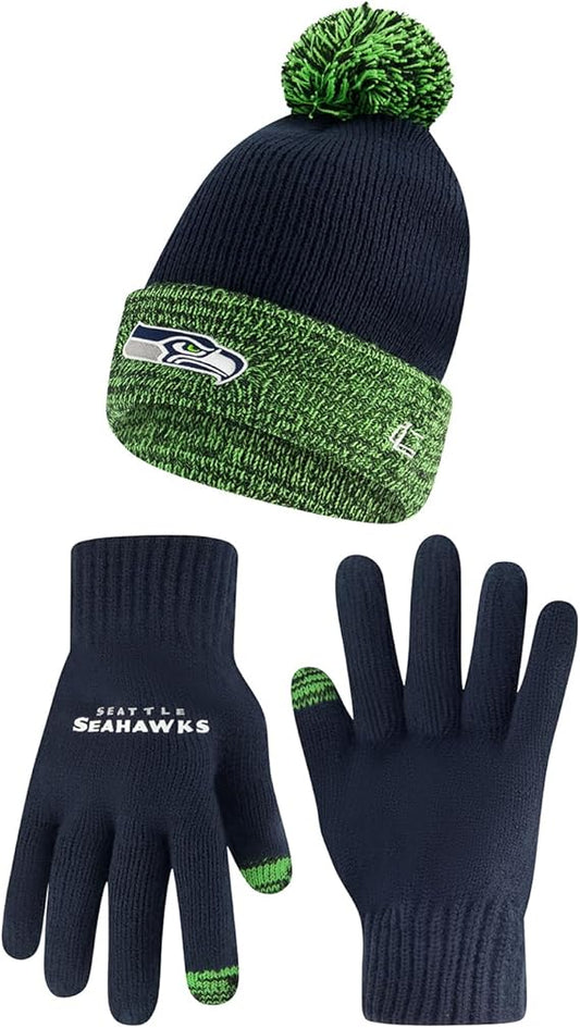 Ultra Game NFL Official Adults Super Soft Two Tone Winter Beanie Knit Hat with Extra Warm Touch Screen Gloves, Seattle Seahawks, Team Color, One Size|Seattle Seahawks