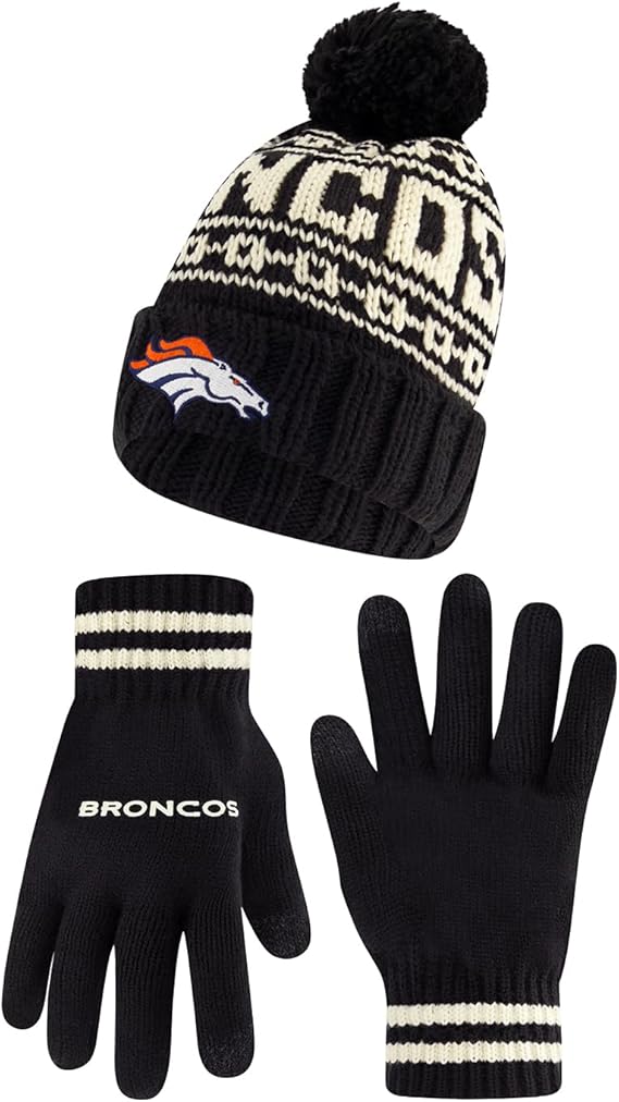 Ultra Game NFL Official Adults Super Soft Cable Knit Winter Beanie Knit Hat with Extra Warm Touch Screen Gloves, Denver Broncos, One Size|Denver Broncos