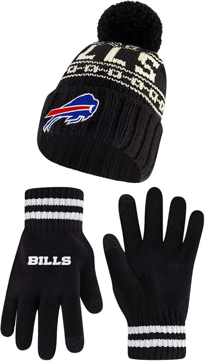 NFL Official Adults Super Soft Cable Knit Winter Beanie Knit Hat with Extra Warm Touch Screen Gloves|Buffalo Bills