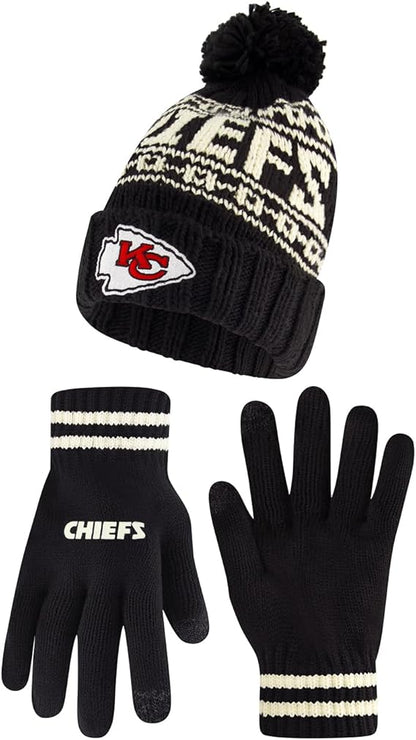 NFL Official Adults Super Soft Cable Knit Winter Beanie Knit Hat with Extra Warm Touch Screen Gloves, Kansas City Chiefs, One Size|Kansas City Chiefs