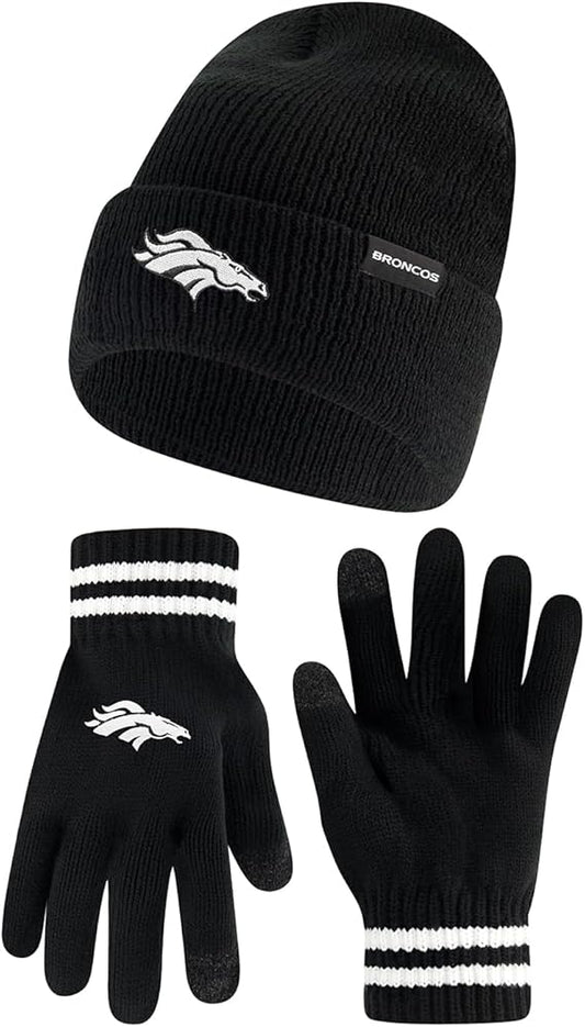 Ultra Game NFL Official Adults Super Soft Marled Winter Beanie Knit Hat with Extra Warm Touch Screen Gloves, Denver Broncos, Black, One Size|Denver Broncos