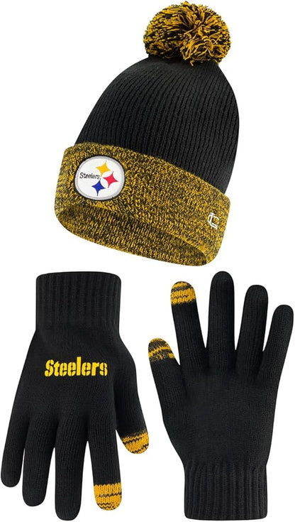 Ultra Game NFL Official Youth Super Soft Two Tone Winter Beanie Knit Hat with Extra Warm Touch Screen Gloves, Pittsburgh Steelers, Team Color, One Size|Pittsburgh Steelers