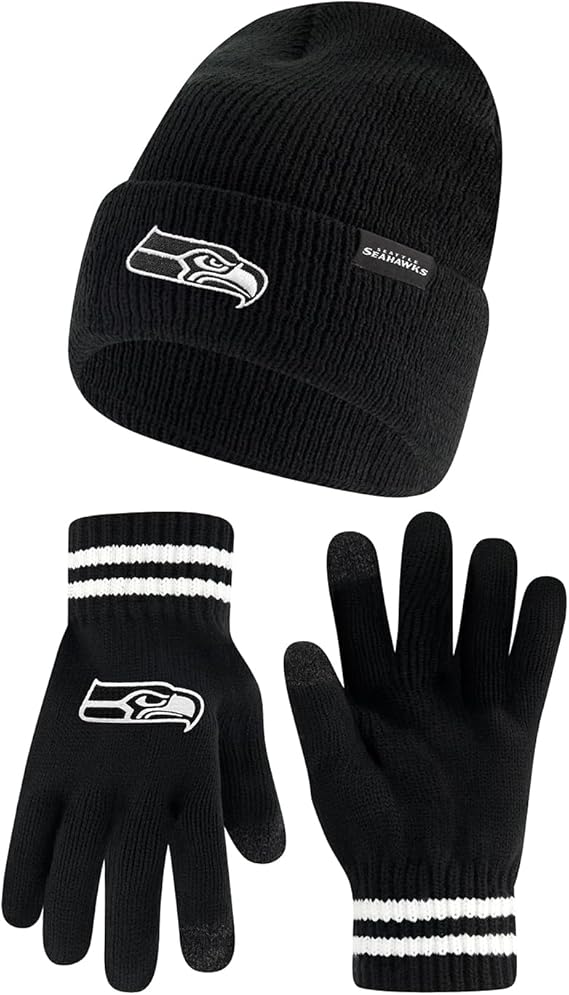 Ultra Game NFL Official Adults Super Soft Marled Winter Beanie Knit Hat with Extra Warm Touch Screen Gloves, Seattle Seahawks, Black, One Size|Seattle Seahawks