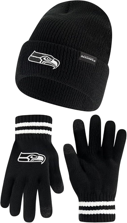 Ultra Game NFL Official Adults Super Soft Marled Winter Beanie Knit Hat with Extra Warm Touch Screen Gloves, Seattle Seahawks, Black, One Size|Seattle Seahawks