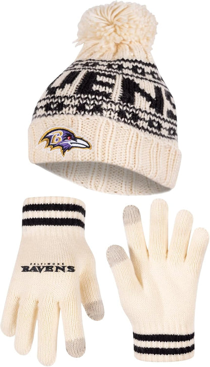 Ultra Game NFL Official Adults Super Soft Cable Knit Winter Beanie Knit Hat with Extra Warm Touch Screen Gloves, Baltimore Ravens, One Size|Baltimore Ravens