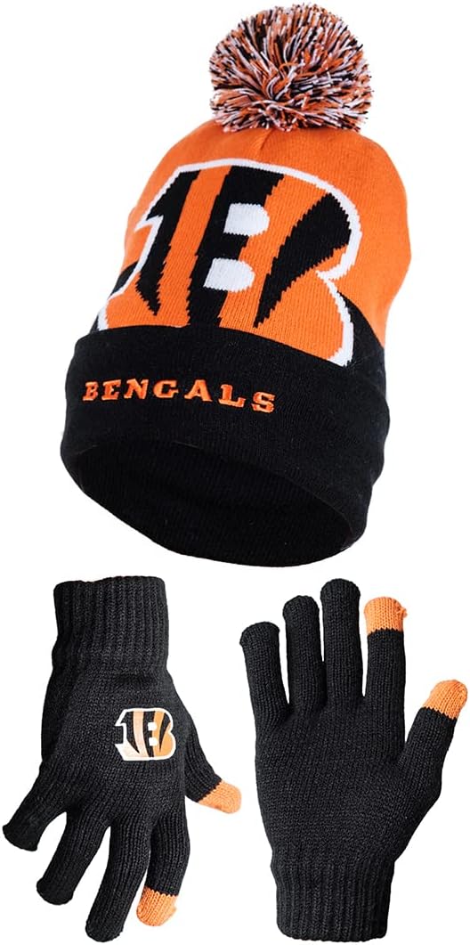 Ultra Game NFL Official Adults Unisex Super Soft Winter Beanie Knit Hat With Extra Warm Touch Screen Gloves, Cincinnati Bengals, Team Color 2, 1SIZE|Cincinnati Bengals