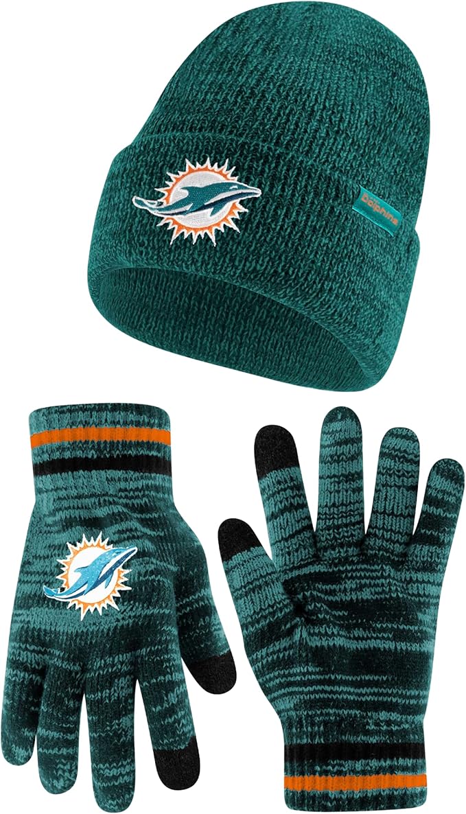 Ultra Game Youth NFL Official Super Soft Marl Knit Winter Beanie Knit Hat with Extra Warm Touch Screen Gloves|Miami Dolphins