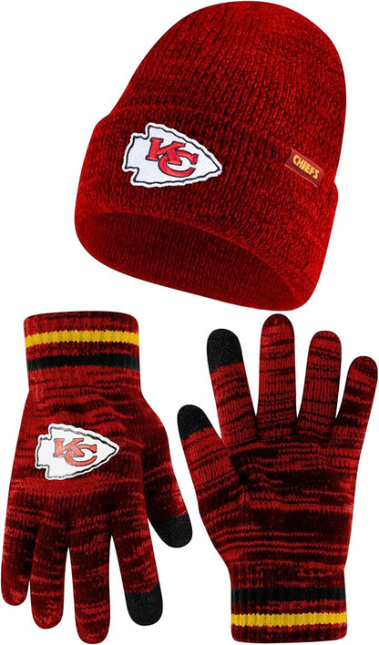 Ultra Game Youth NFL Official Super Soft Marl Knit Winter Beanie Knit Hat with Extra Warm Touch Screen Gloves|Kansas City Chiefs