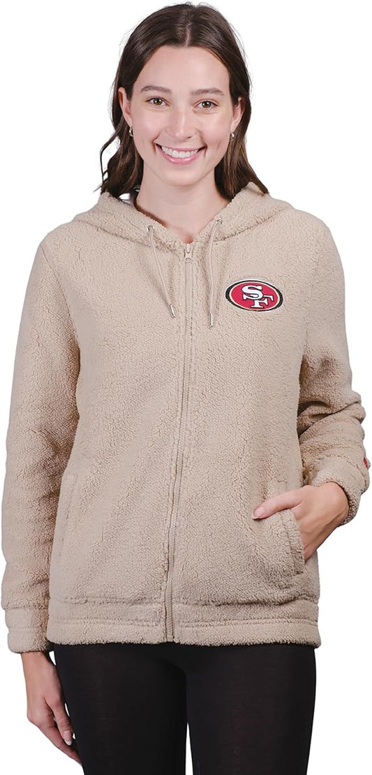 Ultra Game NFL Official Women's Super Soft Sherpa Full Zip Hoodie Sweatshirt Jacket, San Francisco 49ers, Sand|San Francisco 49ers