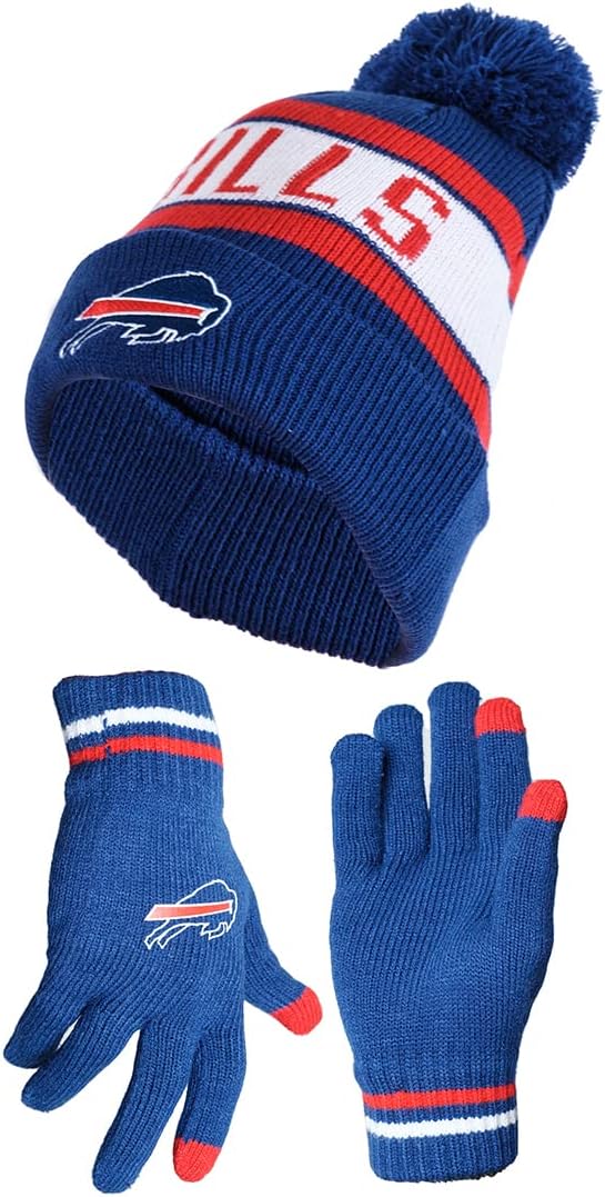 NFL Official Adults Unisex Super Soft Winter Beanie Knit Hat With Extra Warm Touch Screen Gloves|Buffalo Bills