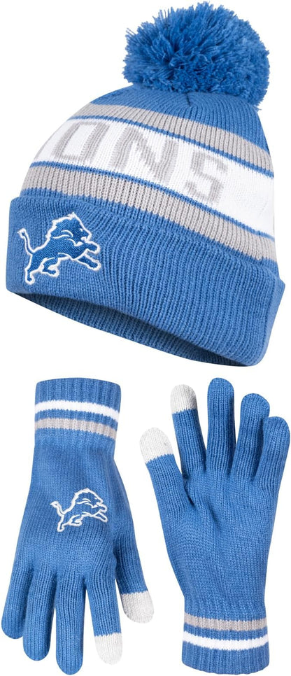 Ultra Game NFL Official Adults Unisex Super Soft Winter Beanie Knit Hat With Extra Warm Touch Screen Gloves, Detroit Lions, Team Color, 1SIZE|Detroit Lions