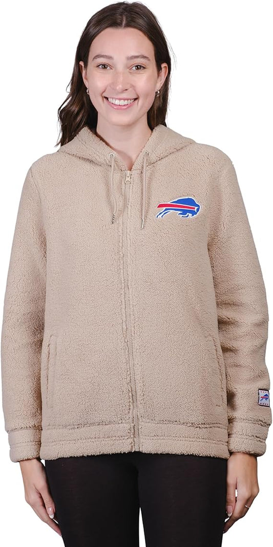 Ultra Game NFL Official Women's Super Soft Sherpa Full Zip Hoodie Sweatshirt Jacket, Buffalo Bills, Sand|Buffalo Bills