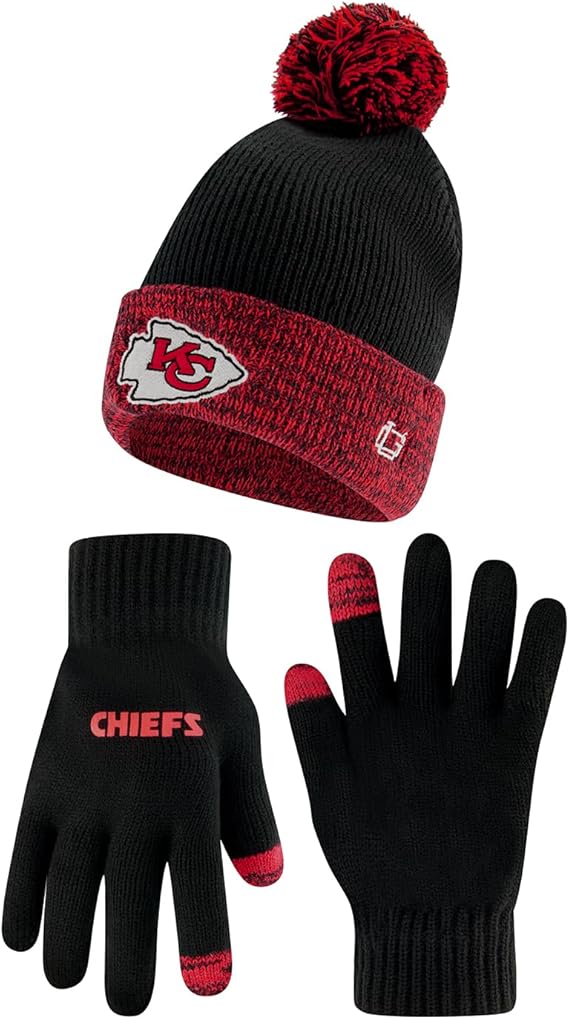 NFL Official Youth Super Soft Two Tone Winter Beanie Knit Hat with Extra Warm Touch Screen Gloves|Kansas City Chiefs