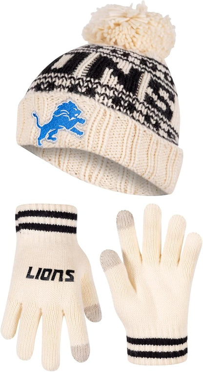 Ultra Game NFL Official Adults Super Soft Cable Knit Winter Beanie Knit Hat with Extra Warm Touch Screen Gloves, Detroit Lions, One Size|Detroit Lions