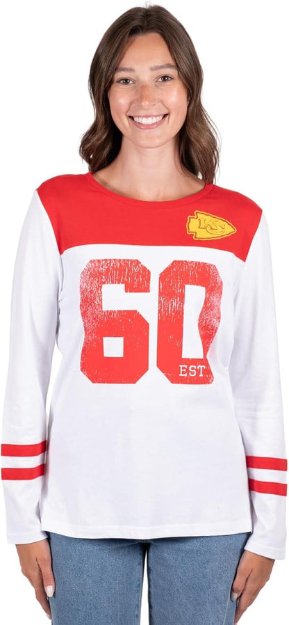 Ultra Game NFL Official Women's Super Soft Raglan Vintage Baseball T-Shirt, Kansas City Chiefs, White|Kansas City Chiefs