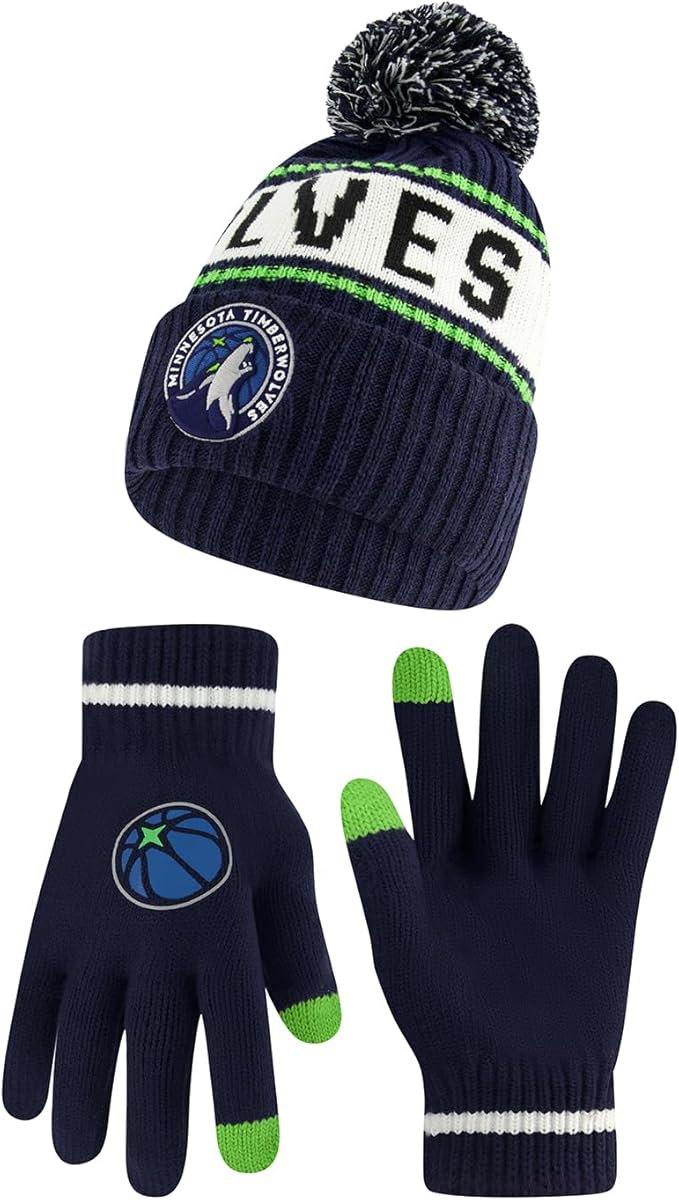 Ultra Game NBA Official Boys Girls Super Soft Winter Beanie Knit Hat With Extra Warm Touch Screen Gloves, Minnesota Timberwolves, Team Color, 1SIZE|Minnesota Timberwolves