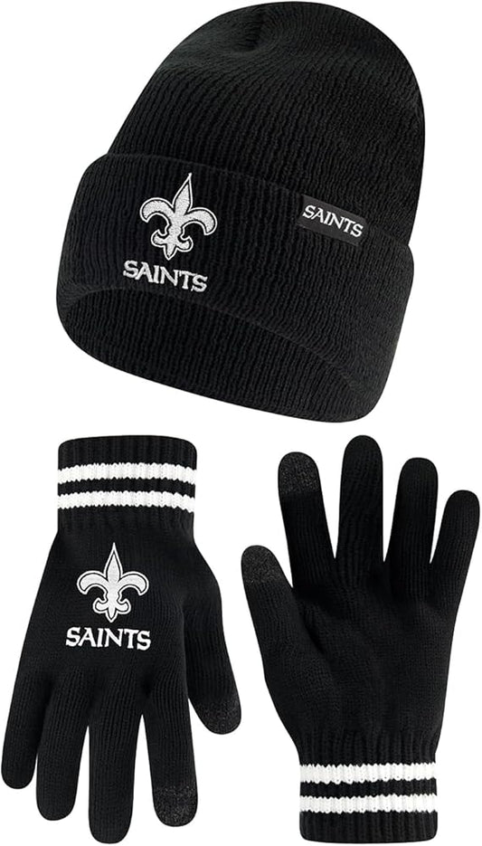 Ultra Game NFL Official Adults Super Soft Marled Winter Beanie Knit Hat with Extra Warm Touch Screen Gloves, New Orleans Saints, Black, One Size|New Orleans Saints