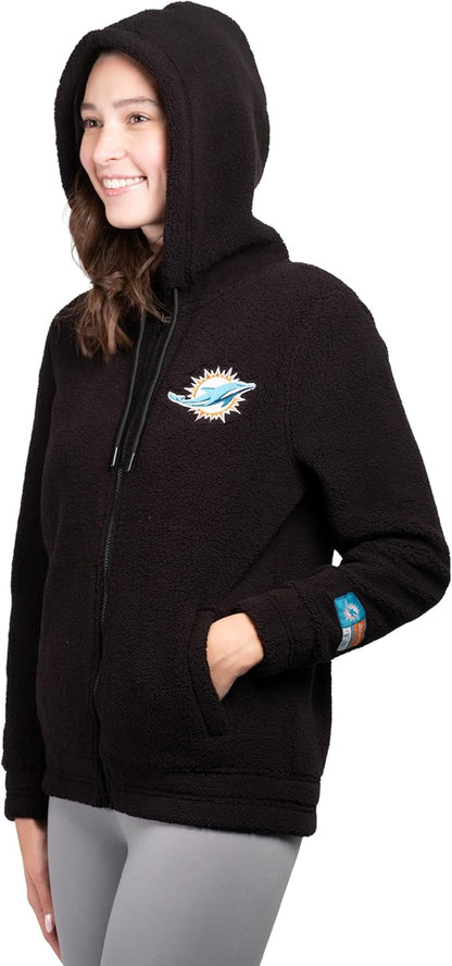 NFL Official Women's Full Zip Super Soft Sherpa Hoodie Sweatshirt Jacket - Warm Fleece Blend|Miami Dolphins