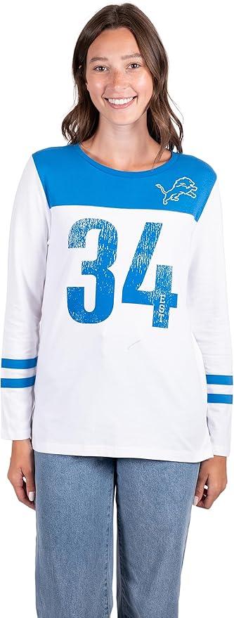 Ultra Game NFL Official Women's Super Soft Raglan Vintage Baseball T-Shirt, Detroit Lions, White|Detroit Lions