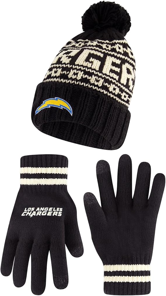 Ultra Game NFL Official Adults Super Soft Cable Knit Winter Beanie Knit Hat with Extra Warm Touch Screen Gloves, Los Angeles Chargers, One Size|Los Angeles Chargers