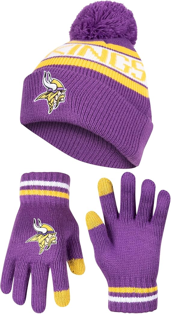 Ultra Game NFL Official Youth Super Soft Winter Beanie Knit Hat With Extra Warm Touch Screen Gloves, Minnesota Vikings, Team Color 1, 1 SIZE|Minnesota Vikings