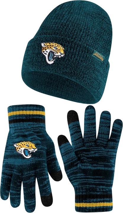 Ultra Game Adults Unisex NFL Official Super Soft Marl Knit Winter Beanie Knit Hat with Extra Warm Touch Screen Gloves|Jacksonville Jaguars