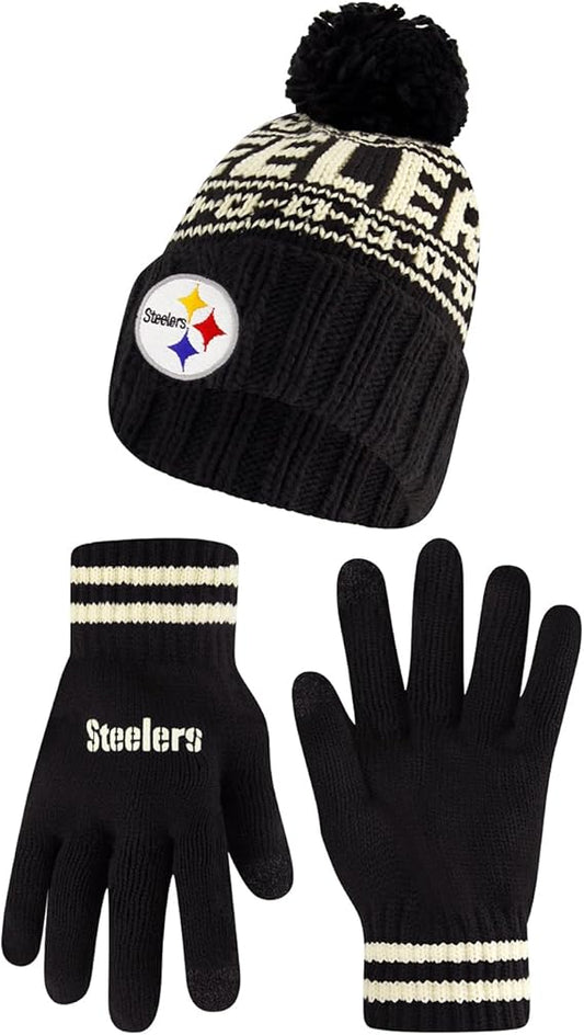 Ultra Game NFL Official Adults Super Soft Cable Knit Winter Beanie Knit Hat with Extra Warm Touch Screen Gloves, Pittsburgh Steelers, One Size|Pittsburgh Steelers