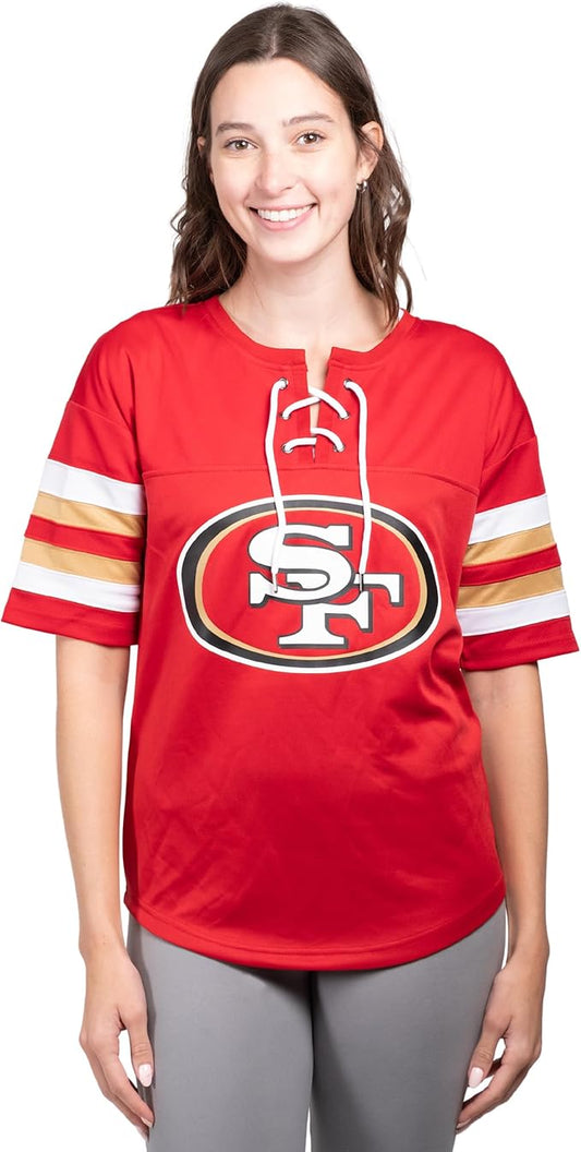 NFL Womens Standard Lace Up Tee Shirt Penalty Box|San Francisco 49ers