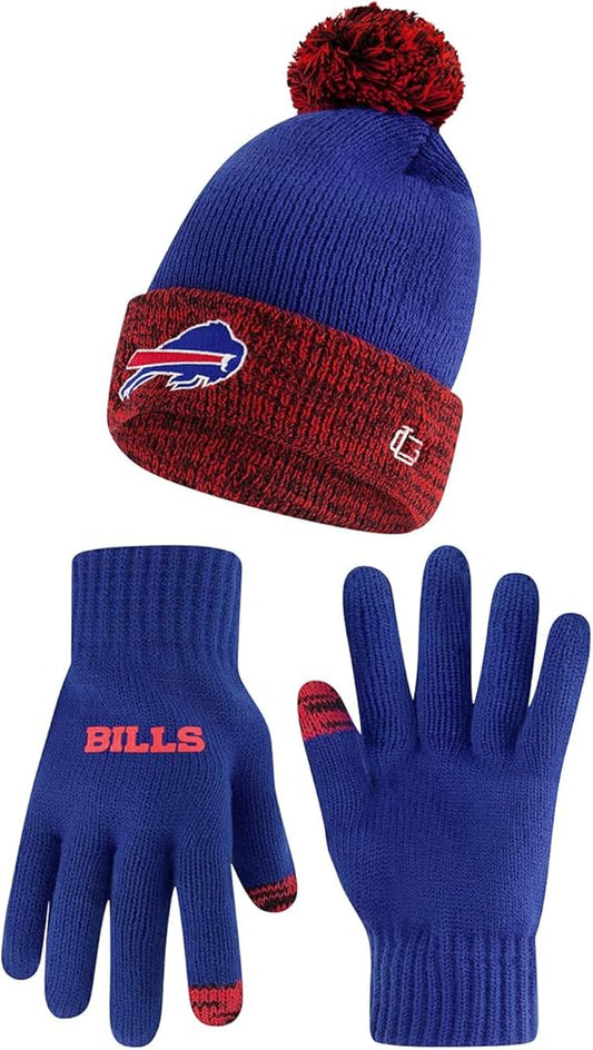 NFL Official Youth Super Soft Two Tone Winter Beanie Knit Hat with Extra Warm Touch Screen Gloves|Buffalo Bills