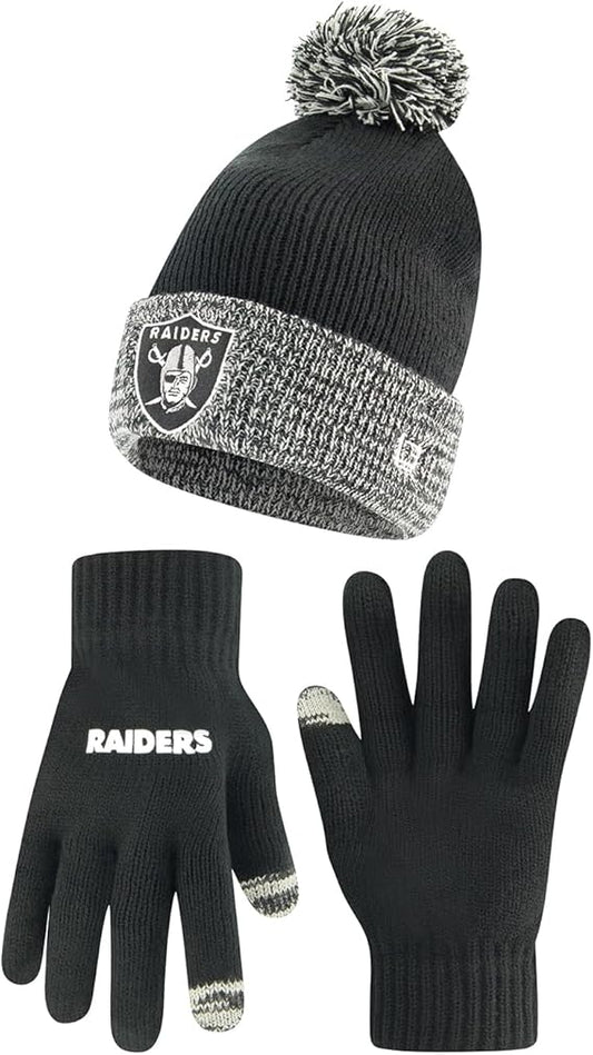 Ultra Game NFL Official Youth Super Soft Two Tone Winter Beanie Knit Hat with Extra Warm Touch Screen Gloves, Las Vegas Raiders, Team Color, One Size|Las Vegas Raiders