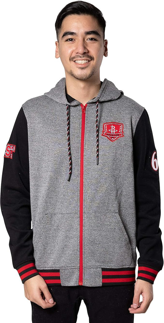 Ultra Game NBA Men's Official Full Zip Fleece Hoodie Letterman Varsity Jacket, Houston Rockets, Team Color|Houston Rockets