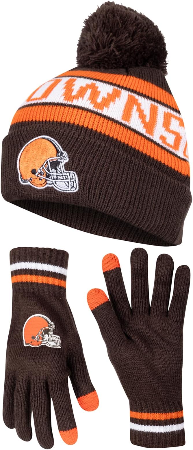 Ultra Game NFL Official Adults Unisex Super Soft Winter Beanie Knit Hat With Extra Warm Touch Screen Gloves, Cleveland Browns, Team Color, 1SIZE|Cleveland Browns