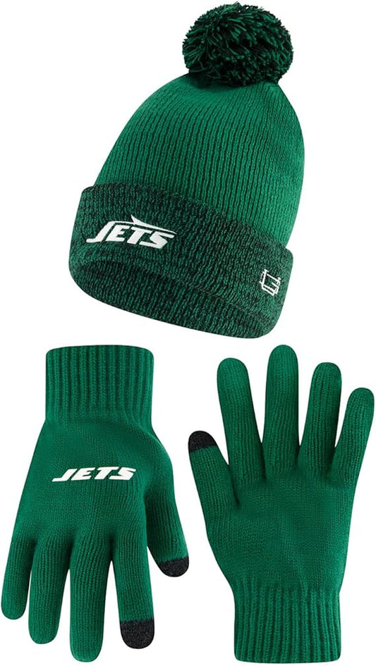 Ultra Game NFL Official Youth Super Soft Two Tone Winter Beanie Knit Hat with Extra Warm Touch Screen Gloves, New York Jets, Team Color, One Size|New York Jets