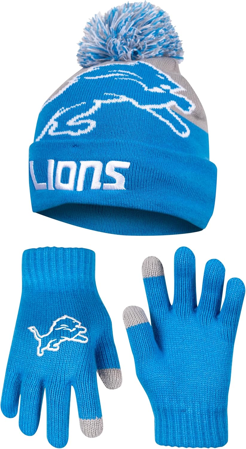 Ultra Game NFL Official Youth Super Soft Winter Beanie Knit Hat With Extra Warm Touch Screen Gloves, Detroit Lions, Team Color 2, 1SIZE|Detroit Lions