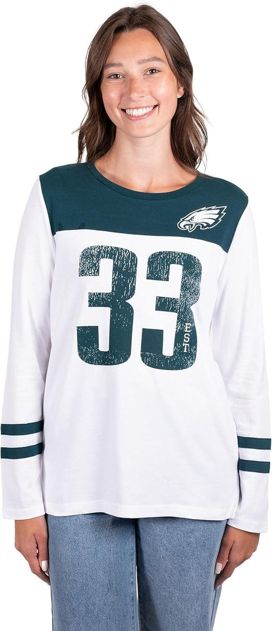 Ultra Game NFL Official Women's Super Soft Raglan Vintage Baseball T-Shirt, Philadelphia Eagles, White|Philadelphia Eagles