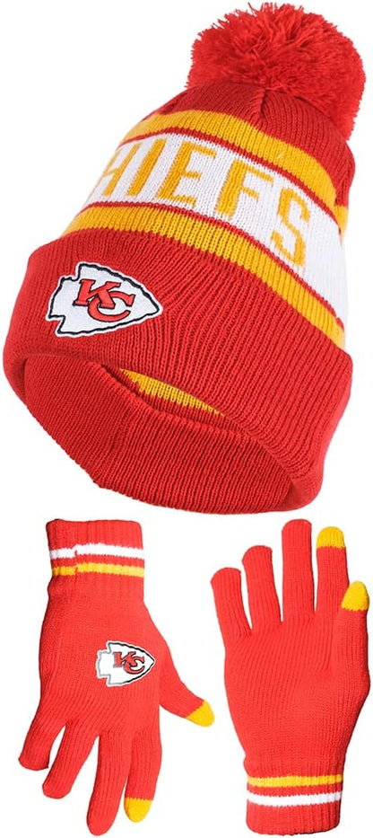 Ultra Game NFL Official Adults Unisex Super Soft Winter Beanie Knit Hat With Extra Warm Touch Screen Gloves, Kansas City Chiefs, Team Color, 1SIZE|Kansas City Chiefs